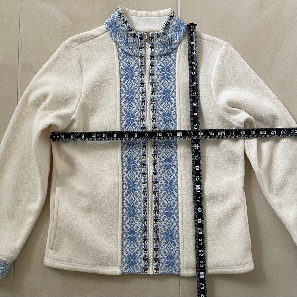 L.L. Bean Fleece Jacket With Pockets Cream & Blue Fair Isle Medium - Picture 2 of 8